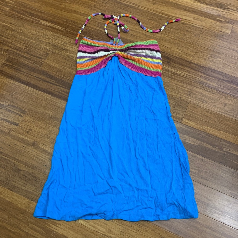 Sacred Threads Dress Halter Blue Multicolor‎ Striped Sleeveless Summer Beach M